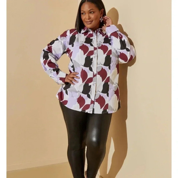 NWT Ashley Stewart Button Up Blouse Top Plus Sz 34 Lavender & Grey Floral Shirt - Picture 3 of 11